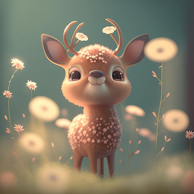 小さな鹿が花と一緒に座っているイラスト 子供向けのおとぎ話 ジェネレーティブ AI