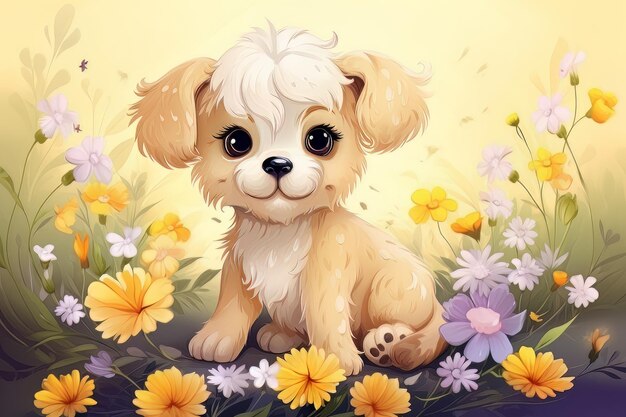 Illustration little dog puppy sitting with flowers