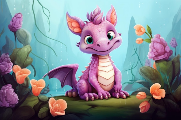 Illustration little dragon sitting with flowers