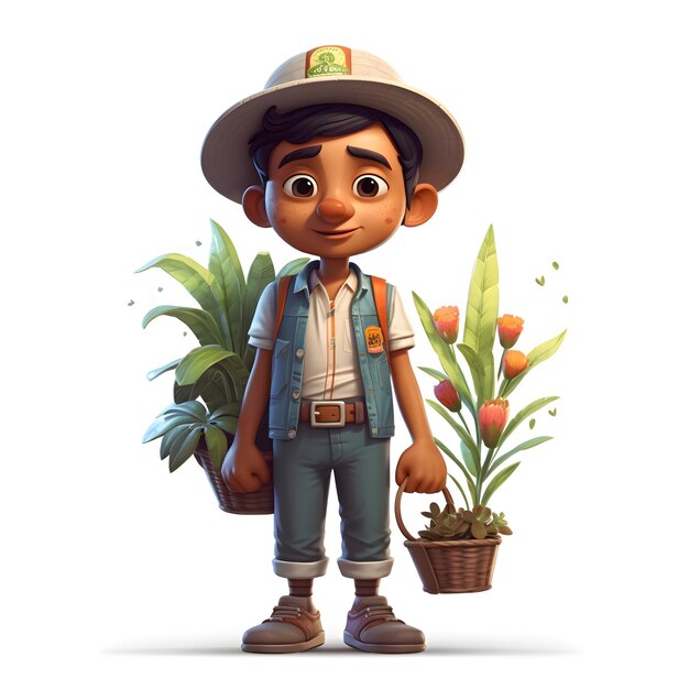 Photo illustration of a little farmer holding a basket full of plants on a white background