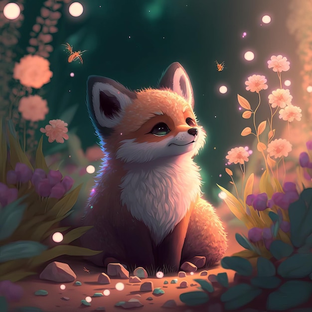 Illustration little fox with flowers children's style fairy tale Generative AIxAxAxA