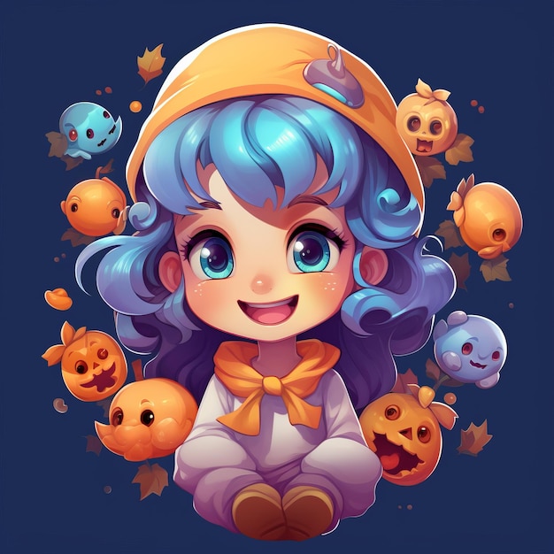 an illustration of a little girl surrounded by pumpkins