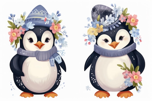 Illustration little hare penguin with flowers