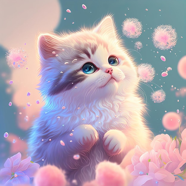 Illustration little kitten sits with flowers children's style fairy tale Generative AIxA