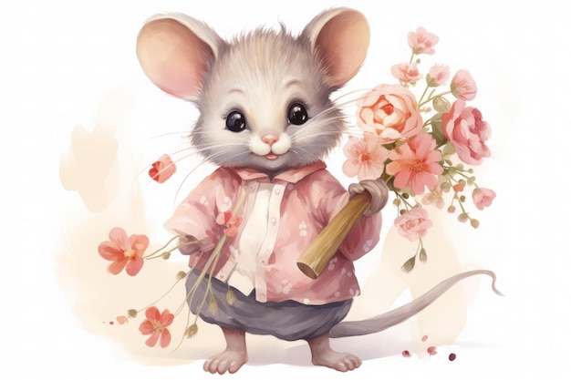 Illustration little mouse with flowers children