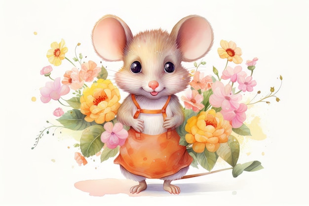 Illustration little mouse with flowers