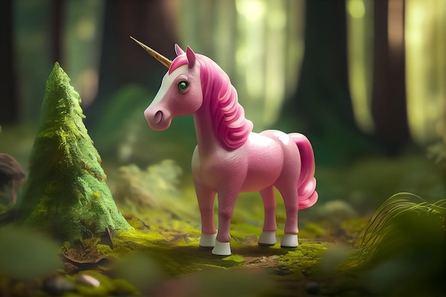 Illustration of little pink unicorn in spring forest AI