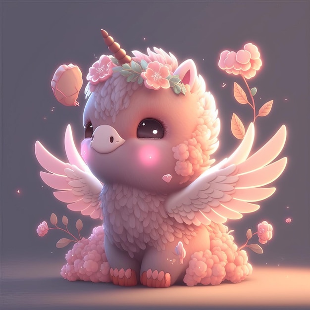 Illustration little unicorn sits with flowers children's style fairy tale Generative AI