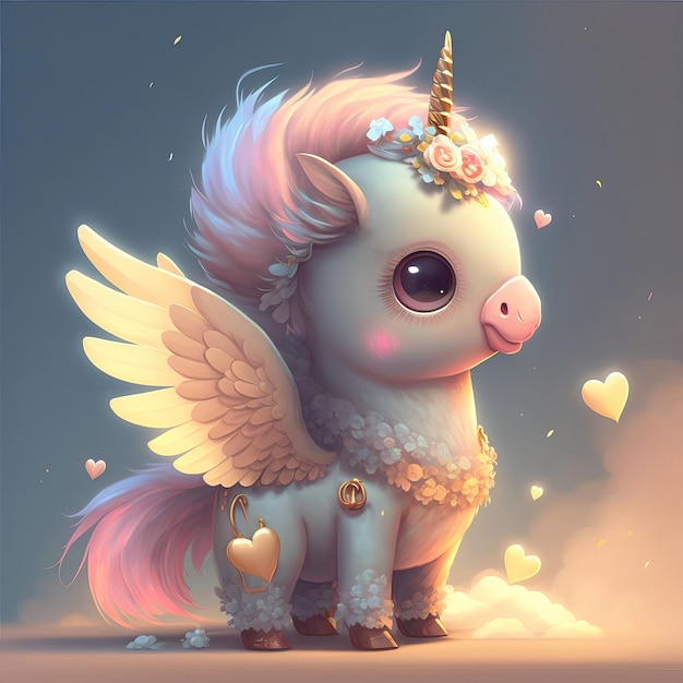 Illustration little unicorn sits with flowers children's style fairy tale Generative AI