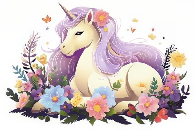 Illustration little unicorn sits with flowers