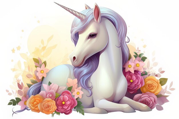 Illustration little unicorn sits with flowers