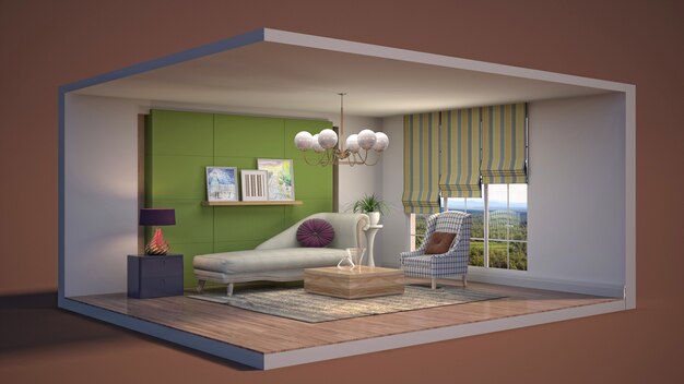 Illustration of the living room in a box