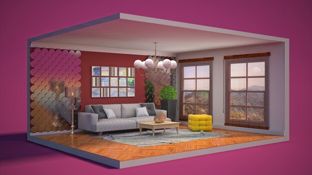 Illustration of the living room in a box