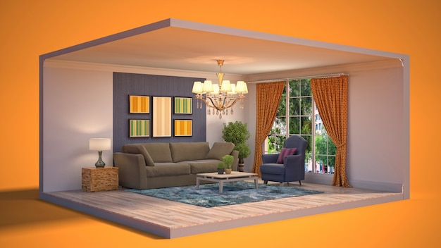 Illustration of the living room in a box