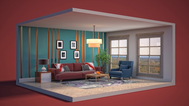 Illustration of the living room in a box