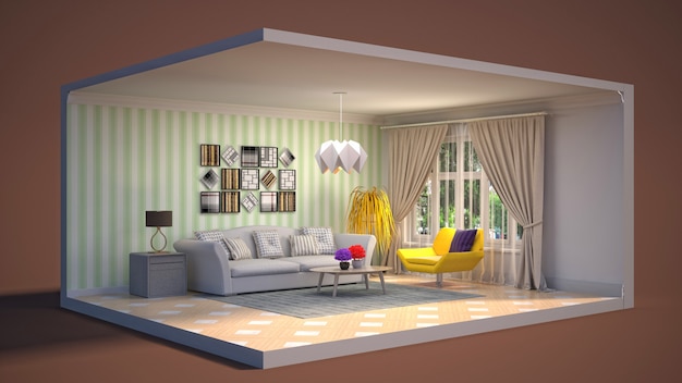 Illustration of the living room in a box