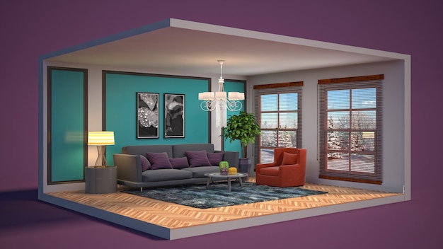Illustration of the living room in a box