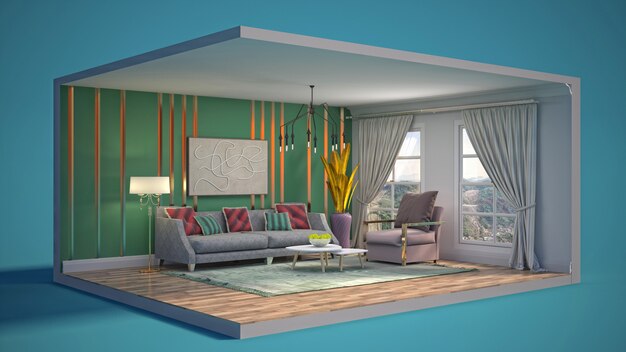 Illustration of the living room in a box