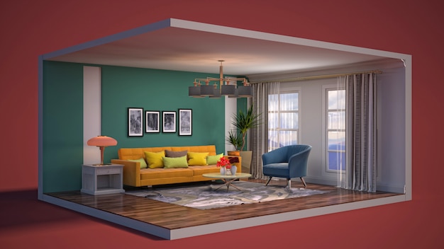 Illustration of the living room in a box