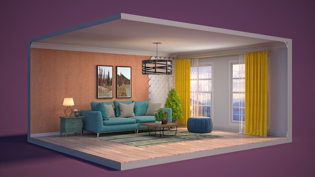 Illustration of the living room in a box