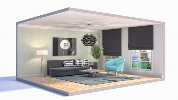 Photo illustration of the living room in a box