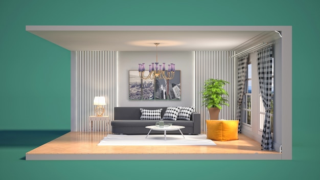 Photo illustration of the living room in a box