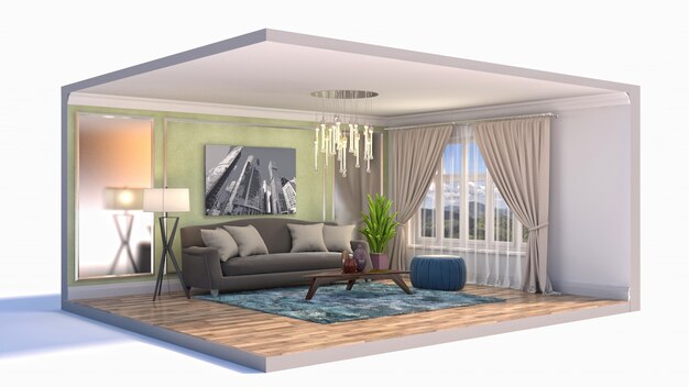 Illustration of the living room in a box