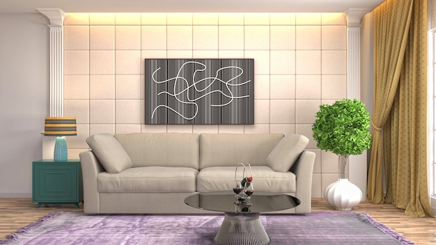 Illustration of the living room interior. 3D render