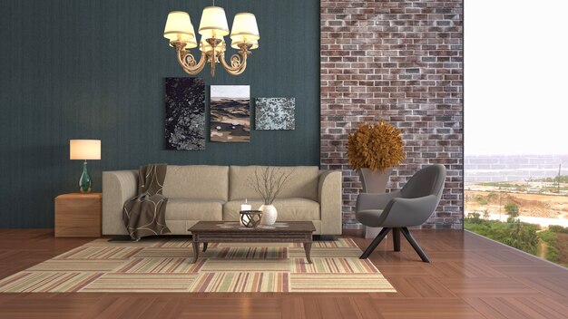 Illustration of the living room interior. 3D render