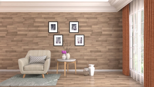 Illustration of the living room interior. 3D render