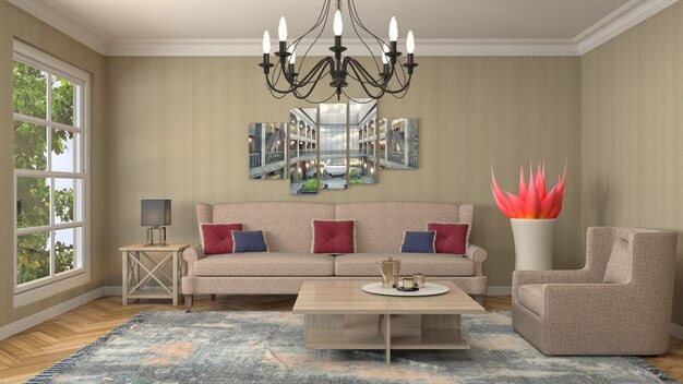 Illustration of the living room interior. 3D render