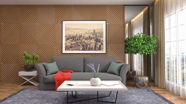 Illustration of the living room interior. 3D render