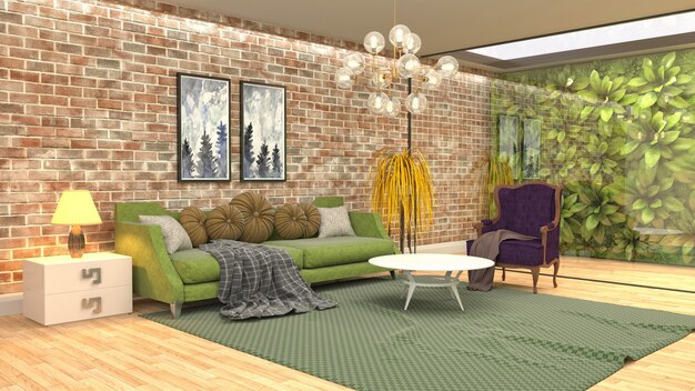 Illustration of the living room interior. 3D render