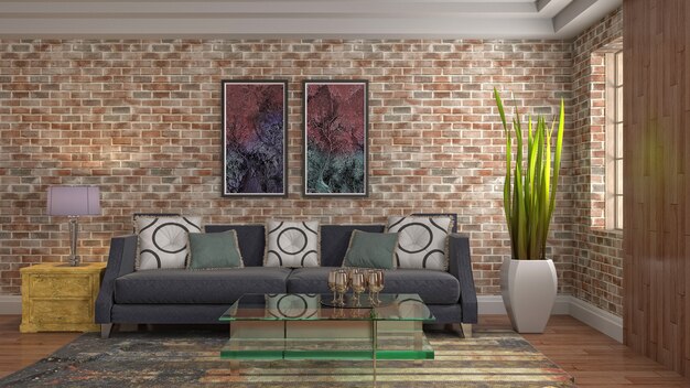 Illustration of the living room interior. 3D render