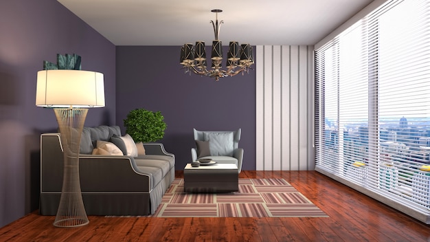 Illustration of the living room interior. 3D render