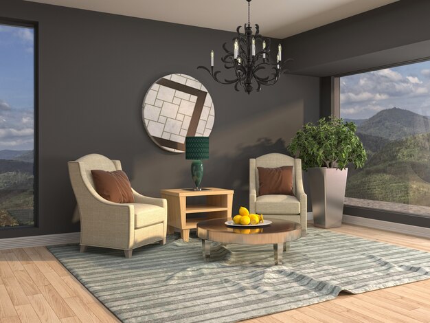 Illustration of the living room interior. 3D render