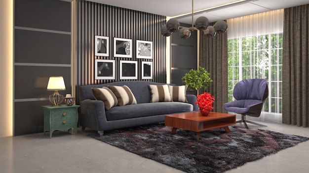 Illustration of the living room interior. 3D render