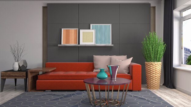 Illustration of the living room interior. 3D render