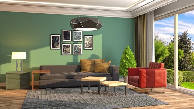 Illustration of the living room interior. 3D render