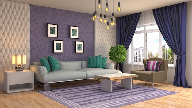 Illustration of the living room interior. 3D render