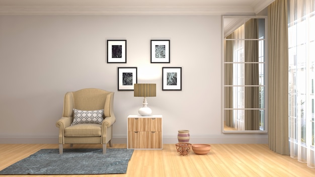 Illustration of the living room interior. 3D render