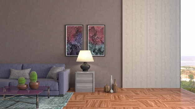 Illustration of the living room interior. 3D render