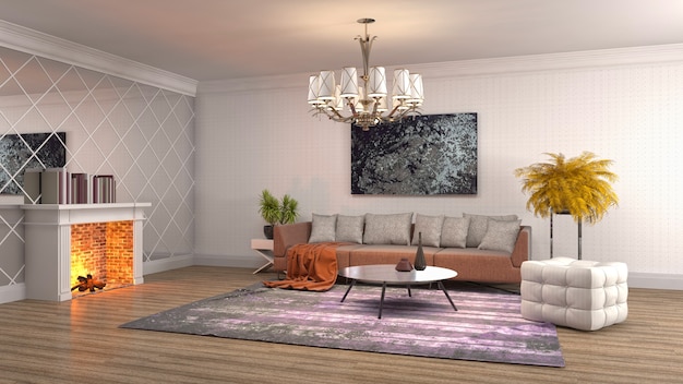 Illustration of the living room interior. 3D render