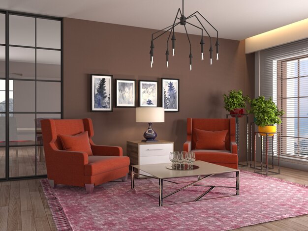 Illustration of the living room interior. 3D render