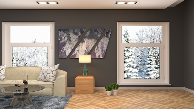 Illustration of the living room interior. 3D render