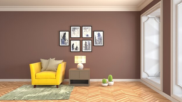 Illustration of the living room interior. 3d render