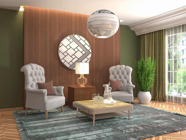 Illustration of the living room interior. 3d render