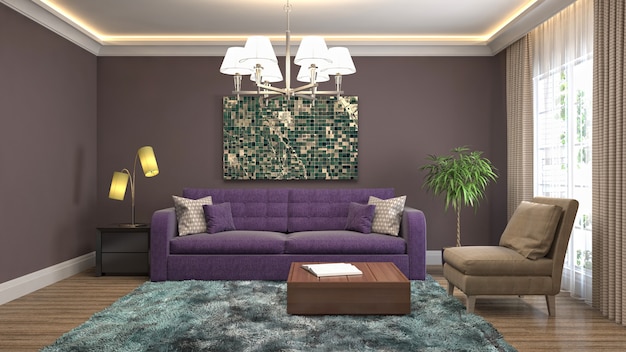 Illustration of the living room interior. 3d render