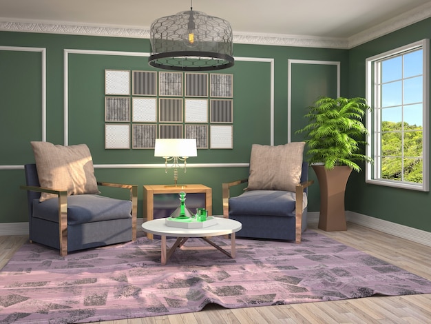 Illustration of the living room interior. 3d render