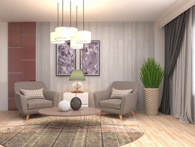 Illustration of the living room interior. 3d render